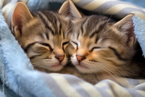 Tiny Striped Kitties Snuggled Up in a Plaid Blanket