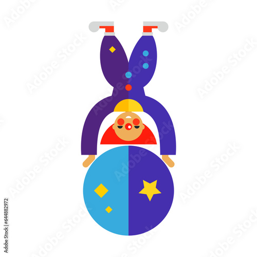 Cheerful clown upside down on circus ball flat vector icon. Circus performer in bright costume performing trick isolated on white background. Activities and professions, entertainment concept