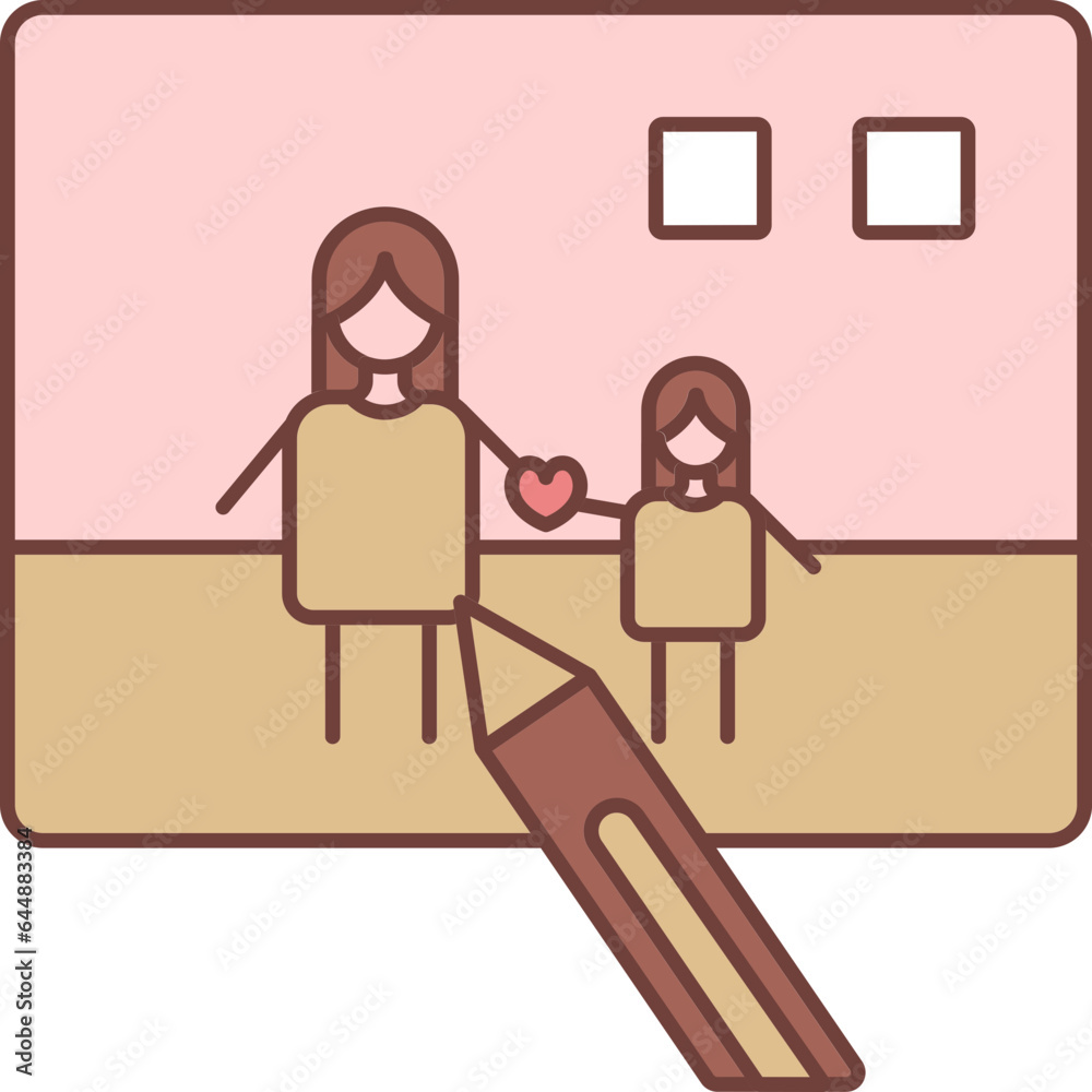 Young Lady Holding Little Girl Hand Drawing Brown And Pink Icon.