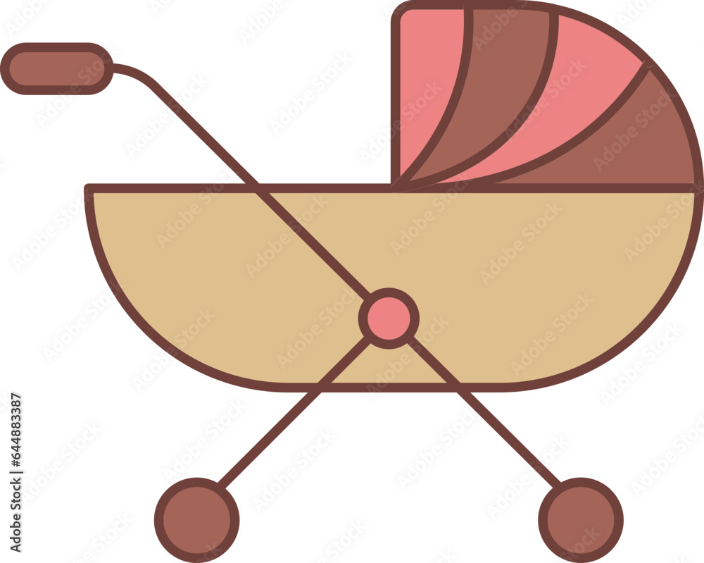 Brown And Red Perambulator Icon In Flat Style. Brown And Red Perambulator Icon In Flat Style.
