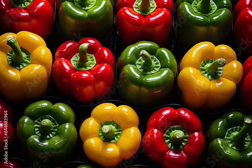 a group of green yellow and red paprika bell peppers gathered in stacks, in the style of texture-based, youthful energy, shiny/glossy, heavy shading, grid-based photo