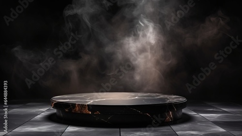 Product display - round table with a black marble top surrounded by smoke