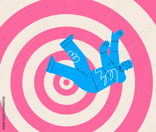Falling man on concentric circular. Mental health disorder. Colorful vector illustration