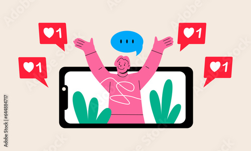 Blogger making video for blog or vlog review. Influencer. Colorful vector illustration