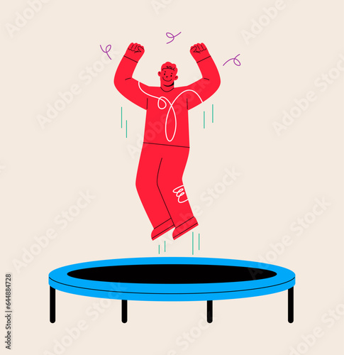 Happy man jumping on trampoline. Spare Time, Activity, freedom, healthy lifestyle. Colorful vector illustration