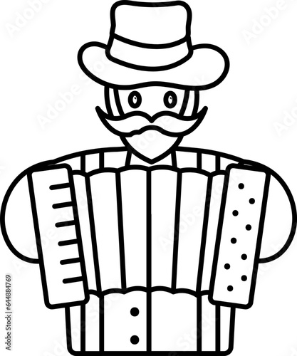 Cartoon Accordionist Character Icon In Black Thin Line Art.