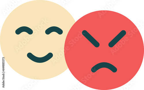 Happy And Angry Two Face Icon In Yellow And Red Color.