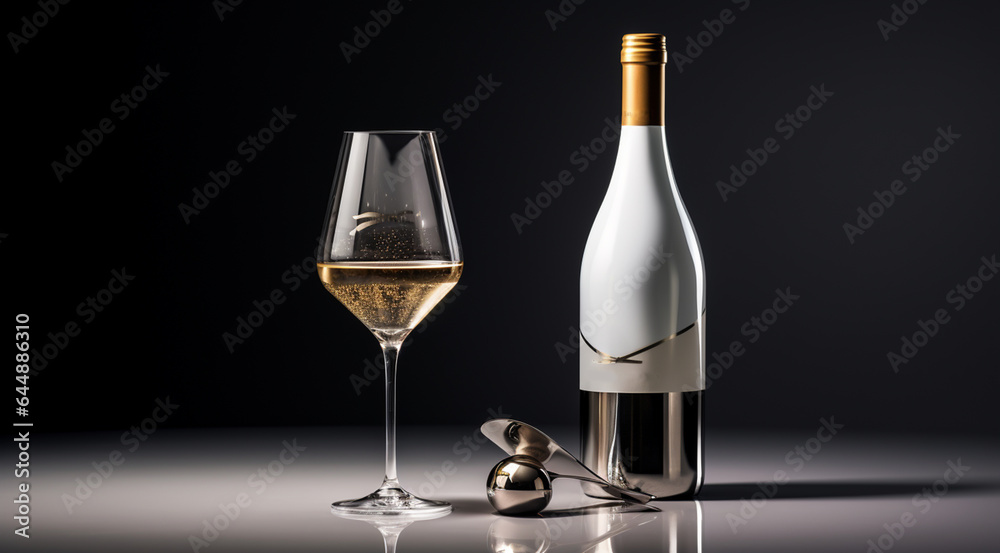 White wine bottle and glass on a dark background. Copy space. generativa IA White wine bottle and glass on a dark background. Copy space. generativa IA