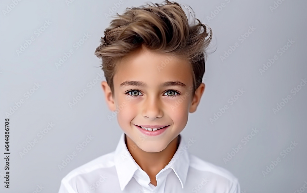 A beautiful smiling child isolated on light grey background A beautiful smiling child isolated on light grey background