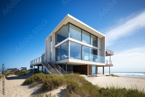 Modern beach house with ocean view. Exterior view of contemporary vacation home. Generative AI