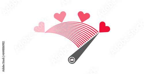 Simple love level measurement vector illustration with indicator, red hearts, red lines. Romantic love scale to use in valentines day, passion, wedding card design projects. 