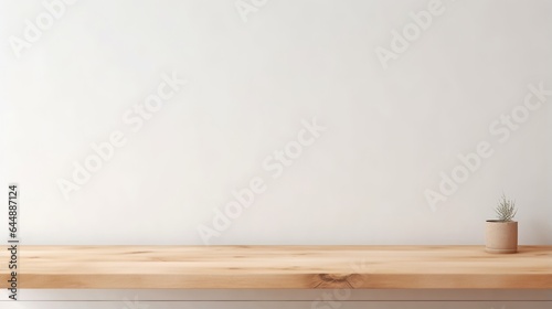 Photo of a rustic wooden shelf with a vibrant potted plant on display