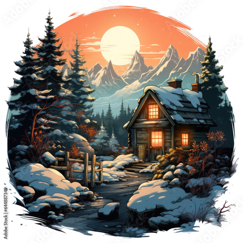 A cozy Christmas gift boxes and tree branch T-shirt Design featuring a rustic cabin, Generative Ai
