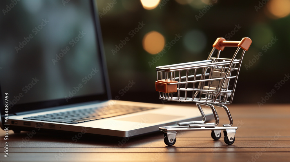 shopping basket with laptop on table. online shopping concept with copy space.