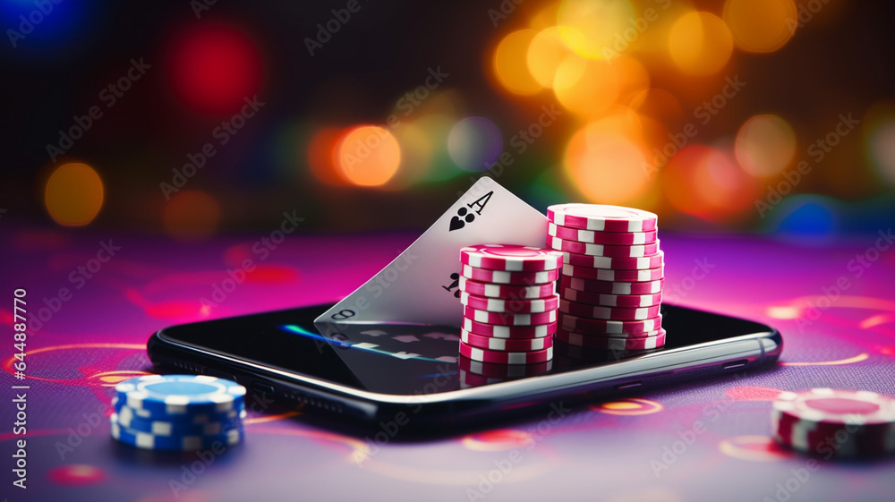 poker chips with mobile phone on the table - obrazy, fototapety, plakaty 