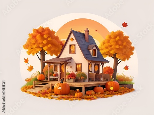 Art work of Home decorated with halloween pumpkins, orange trees and autumn fall maple leaves in sunset, vibrant flat illustration. Concept of Thanksgiving day ,Halloween. Arts work of T- shirt design