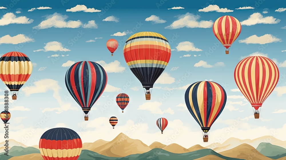 Fototapeta premium a group of hot air balloons flying in the sky above a mountain range. generative ai