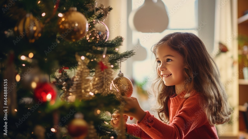 girl decorating christmas tree