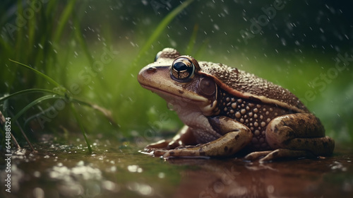 Brown frog seated in a rain puddle
