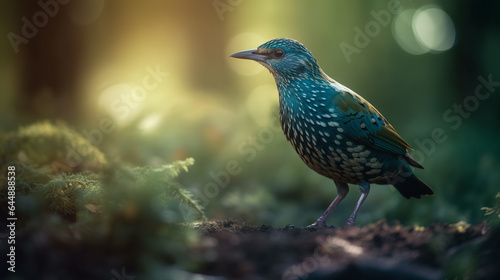 Wildlife bird against a backdrop of a lush green forest at sunset