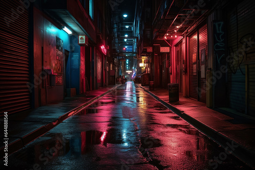 A desolate night alley illuminated by eerie red and blue lighting, with rain puddles, evoking a sense of danger in an empty urban space