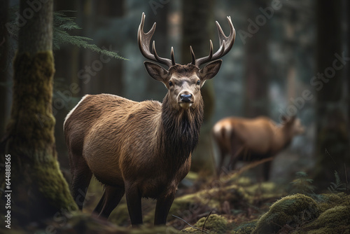 A tranquil scene of a moose peacefully grazing in a lush forest