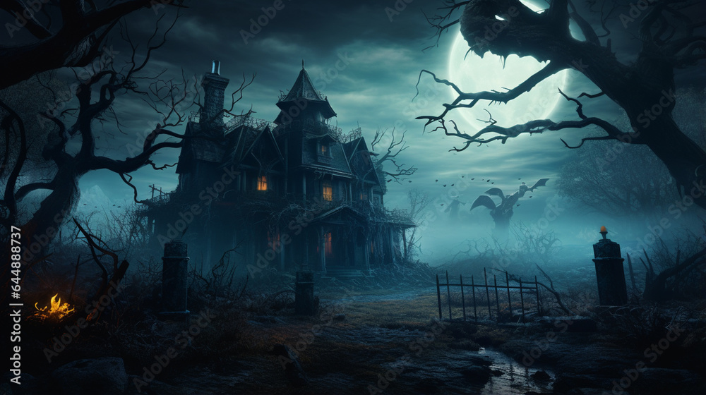 Horror Halloween haunted house in creepy night forest Horror Halloween haunted house in creepy night forest
