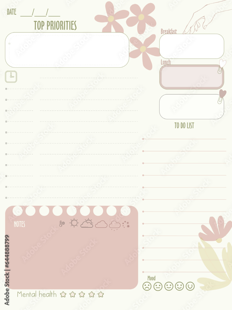 inspiration notepaper design printable .  White beige pages for tags , weekly notes,  to do list minimal style with flower tags 