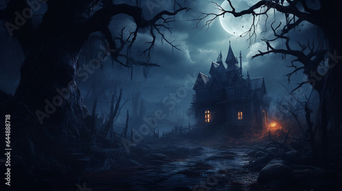 Horror Halloween haunted house in creepy night forest