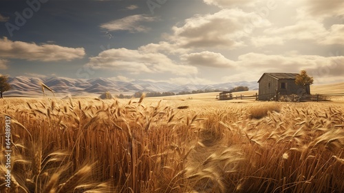  a field of wheat with a house in the distance and mountains in the background. generative ai