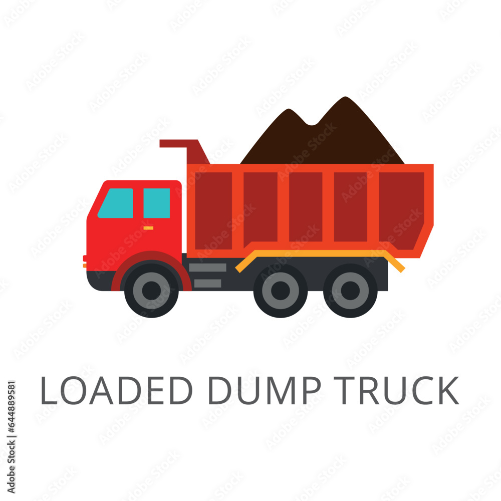 Truck carrying sand isolated on white. Colored flat vector icon of loaded dump truck. Special and industrial vehicles concept