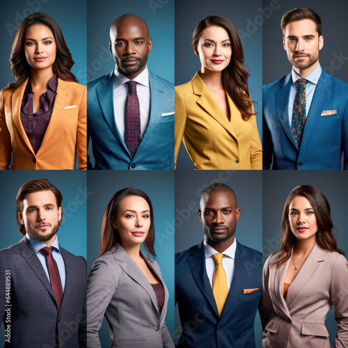 Photo collage portrait of multiracial business people in suit with different ages looking at camera. Mosaic of corporate modern faces. 