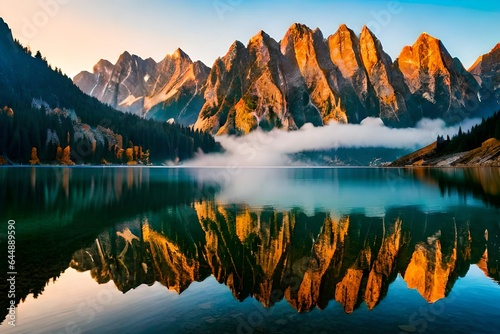 Peaceful autumn scene of Vorderer ( Gosausee ) lake with Dachstein glacieron background. Picturesque morning view of Austrian Alps, Upper Austria, Europe. Traveling concept background photo