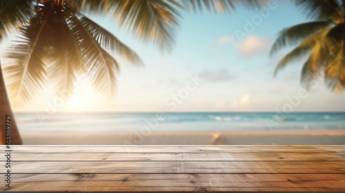 Photo of a wooden table overlooking a serene beach scene