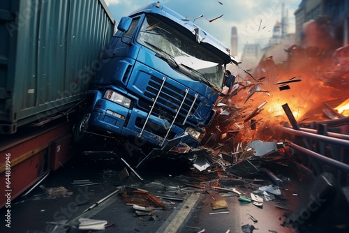 collision between truck and cargo container; reckless driving covered by insurance. Generative AI photo