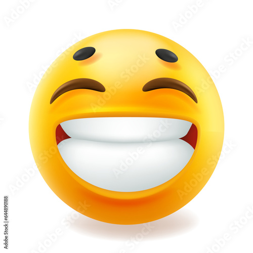 Vector illustration of happy fun yellow color smile emoticon with wide smile with teeth and close eyes. 3d style design of funny laugh emoji for social media