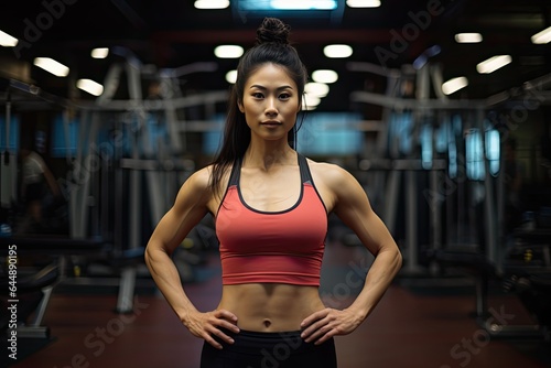 Young Asian woman standing in gym and looking at camera. Female athlete bodybuilder resting after the crossfit workout.