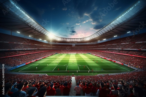 3D rendering of a soccer stadium with a packed field and arena. Generative AI