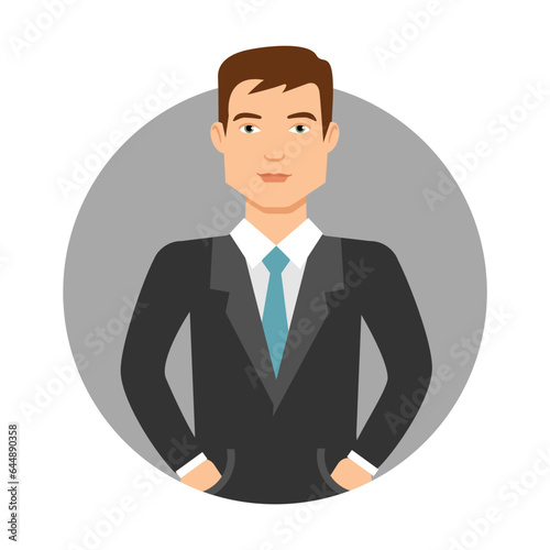 Male businessman in business suit vector. Multicolored flat vector circle icon representing man activities and professions concept isolated on white background