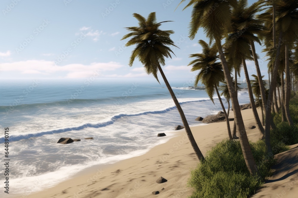 Tropical beach with palm trees and ocean, illustration