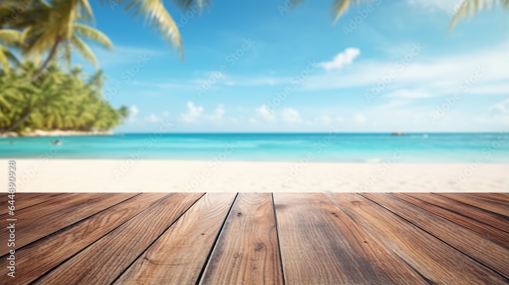 Photo of a wooden table top with a scenic beach view in the background