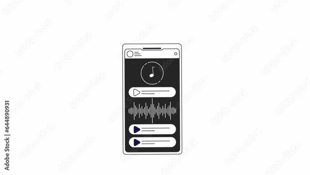 Music player app on smartphone bw outline 2D object animation. Playing song on mobile phone screen monochrome linear cartoon 4K video. Playlist application animated item isolated on white background Music player app on smartphone bw outline 2D object animation. Playing song on mobile phone screen monochrome linear cartoon 4K video. Playlist application animated item isolated on white background