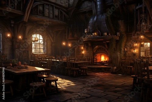 Atmospheric medieval tavern with candles, daylight from windows. Generative AI