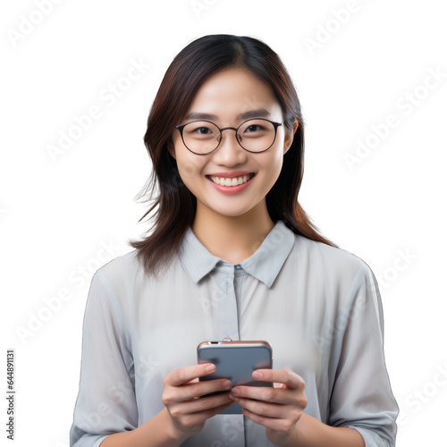 thai woman smiling holding a mobile phone, wearing glasses, on transparent background png, isolated background