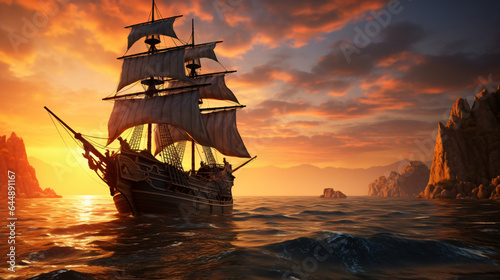 Old ancient pirate ship on peaceful ocean at sunset