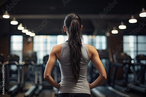 Back view of a young Caucasian woman standing in gym. Female athlete bodybuilder resting after the crossfit workout.