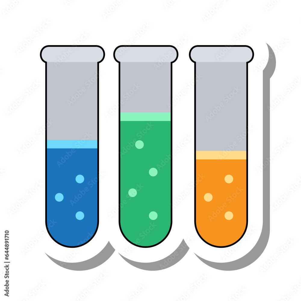 Laboratory test tubes with solutions. Liquid for experiments. Laboratory equipment for analyses and experiments concept. Flat paper sticker isolated on white background