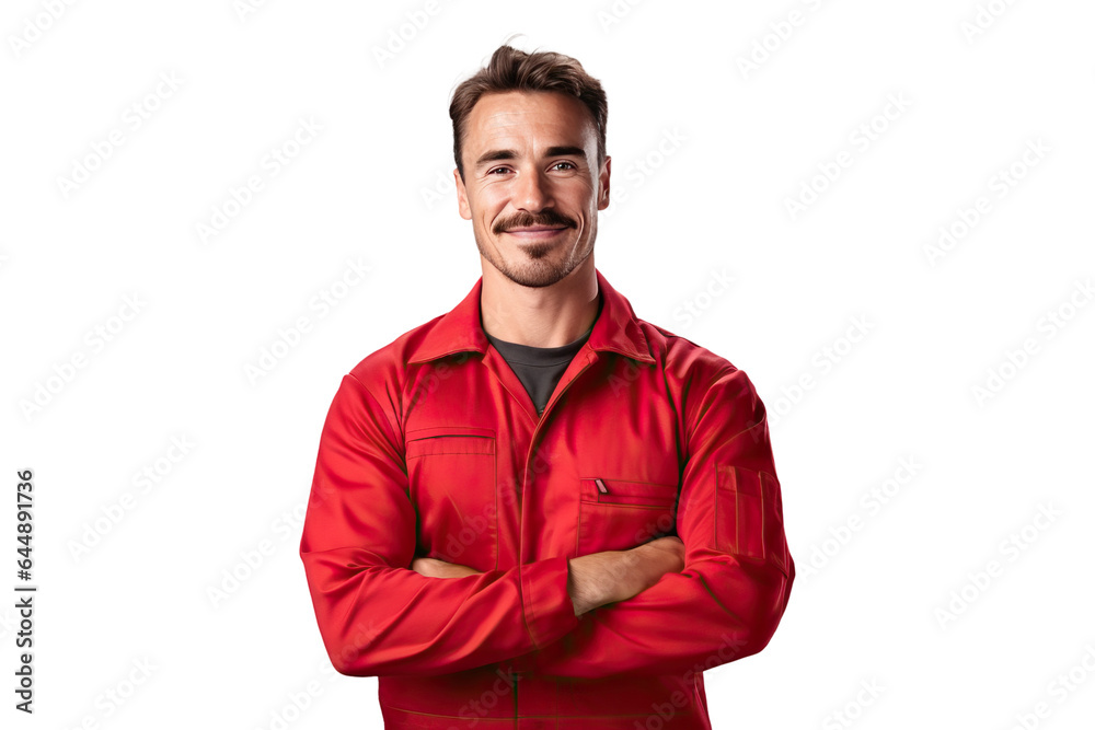 skillful worker man labor technician with crossed arms in red work clothes, png isolated on white transparent background skillful worker man labor technician with crossed arms in red work clothes, png isolated on white transparent background