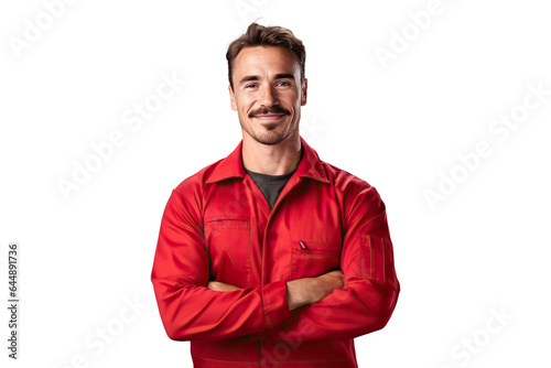 skillful worker man labor technician with crossed arms in red work clothes, png isolated on white transparent background