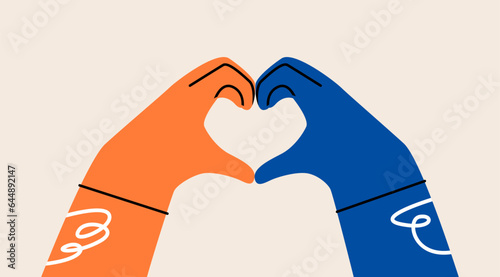 Foto Hands of orange and blue human people forming heart meaning love over